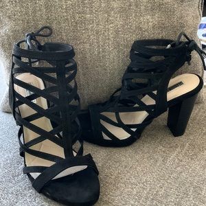 JENNIFER LOPEZ 7.5 Black Block Heel Ankle Open Toe Back Lace Tie Sandal Shoes